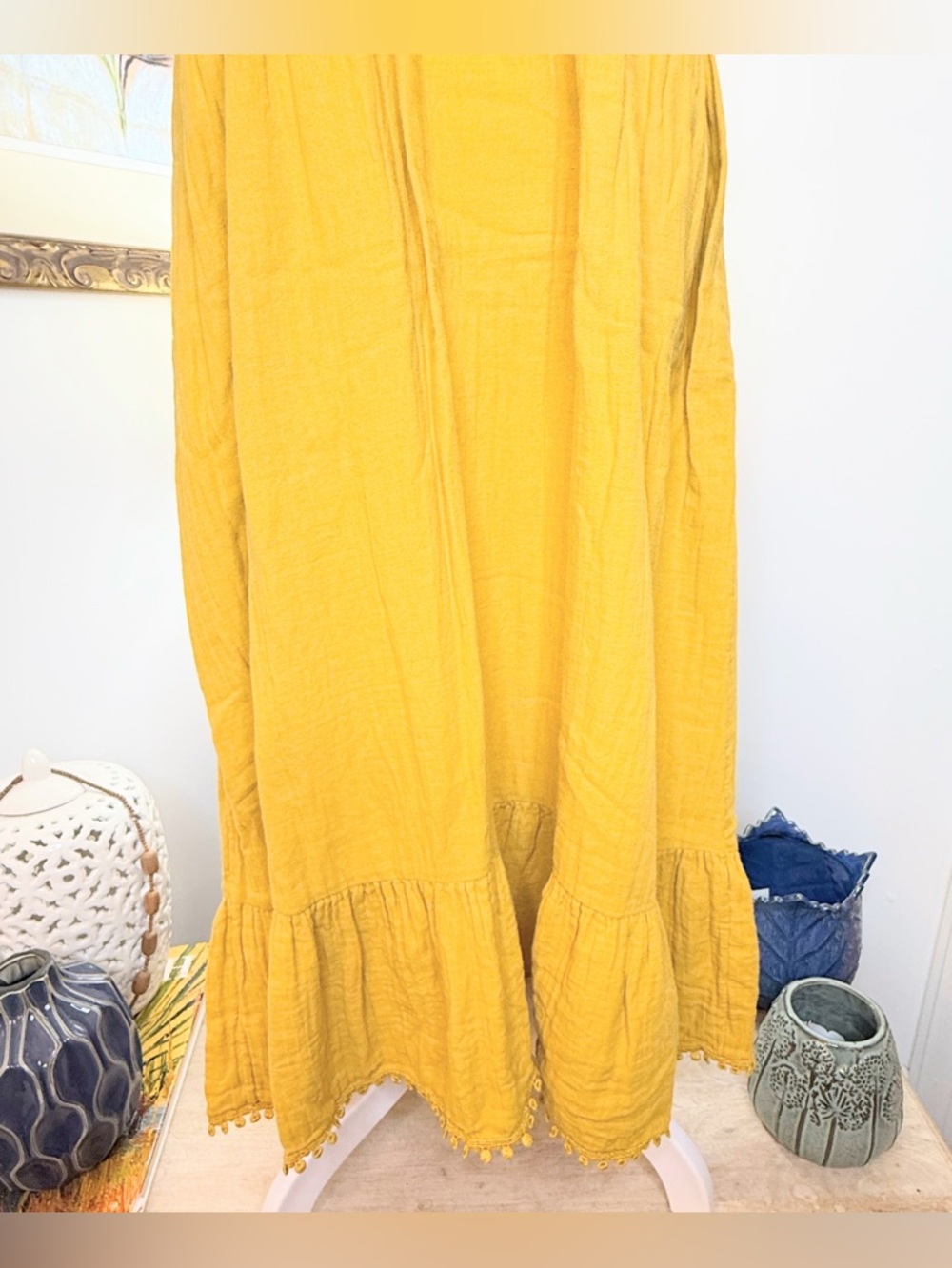 Time Tru Yellow Cotton Gauze Midi Dress L 12 14 Boho Tiered Summer Beach - Picture 3 of 7